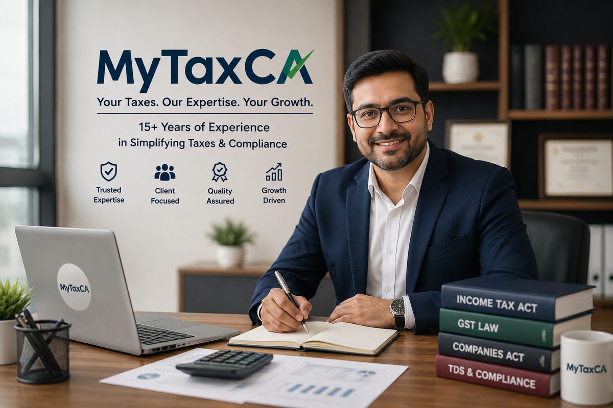 Sunil Raut, Founder of MyTaxCA, at his desk with tax, GST and compliance reference books