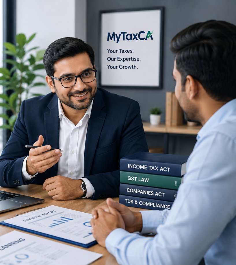 MyTaxCA advisor reviewing financial reports and compliance data with a client